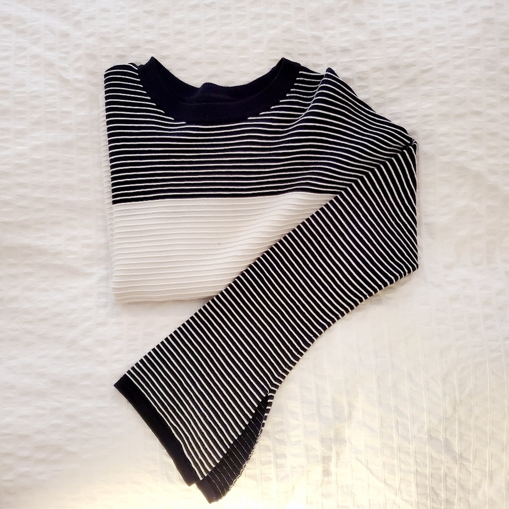 Topshop | Blue White Ribbed Crew Sweater Top Bell Sleeves